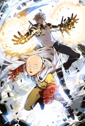 Rule 34 | 2boys, bald, black sclera, blonde hair, broken, building, cape, clenched hand, colored sclera, commentary, cyborg, destruction, empew, genos, gloves, looking at viewer, male focus, multiple boys, official style, one-punch man, open mouth, red gloves, saitama (one-punch man), short hair, smile, white cape, yellow eyes, zipper