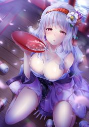 Rule 34 | 1girl, alcohol, areola slip, bad id, bad twitter id, bare legs, bare shoulders, blush, breasts, bust cup, cherry blossoms, collarbone, commentary request, cup, flower, full body, garana, hair flower, hair ornament, hairband, holding, idolmaster, idolmaster (classic), japanese clothes, kimono, kneeling, large breasts, long hair, looking at viewer, nail polish, obi, off shoulder, on floor, open mouth, pouring, pouring onto self, purple eyes, purple kimono, sakazuki, sake, sash, shijou takane, silver hair, solo, wide sleeves, wooden floor