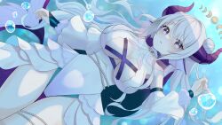 Rule 34 | 1girl, adira chantara, breasts, bubble, colored inner hair, double bun, dragon girl, dragon horns, fins, fish tail, frilled one-piece swimsuit, frills, gem, grey eyes, grey hair, hair bun, highres, horns, indie virtual youtuber, large breasts, long hair, multicolored hair, o-ring, one-piece swimsuit, pearl (gemstone), purple hair, purple horns, second-party source, solo, swimsuit, tail, thighlet, uni (maru231), virtual youtuber, white one-piece swimsuit