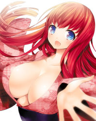 Rule 34 | 1girl, blue eyes, breasts, cleavage, japanese clothes, kotoji, long hair, open mouth, original, red hair, simple background, smile, solo, white background