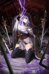 Rule 34 | 1girl, armor, blurry, blurry foreground, braid, breasts, bridal gauntlets, cleavage, closed mouth, electricity, falling petals, flower, full body, genshin impact, hair ornament, hand on own chest, highres, holding, holding sword, holding weapon, human scabbard, japanese clothes, katana, kimono, kneeling, large breasts, long hair, long sleeves, looking at viewer, mitsudomoe (shape), mole, mole under eye, nail polish, obi, obiage, obijime, petals, planted, planted sword, planted weapon, purple eyes, purple flower, purple hair, purple nails, raiden shogun, ribbon, sash, shoulder armor, silence girl, solo, sword, tassel, thighhighs, tomoe (symbol), torii, weapon, wide sleeves