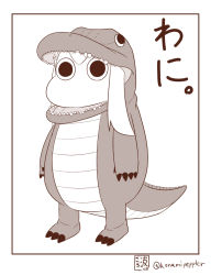 Rule 34 | (o) (o), 10s, 1girl, animal costume, commentary request, cosplay, crocodilian, godzilla (cosplay), godzilla (series), horns, kantai collection, long hair, looking at viewer, monochrome, moomin, muppo, northern ocean princess, sazanami konami, sketch, tail, translated, twitter username, white background