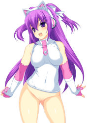 Rule 34 | 1girl, :d, animal ears, bare shoulders, beatmania, beatmania iidx, blush, bottomless, breasts, cat ears, censored, covered navel, elbow gloves, fingerless gloves, gloves, groin, hair between eyes, headphones, hip focus, impossible clothes, impossible shirt, kinoshita ichi, long hair, mizushiro celica, mosaic censoring, open mouth, purple eyes, purple hair, pussy, shirt, simple background, smile, solo, standing, thighs, white background