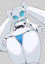 Rule 34 | 1girl, android, bikini, blue bikini, blue eyes, blue sclera, breasts, cameltoe, colored sclera, colored skin, drossel von flugel, fireball (series), from below, grey background, joints, micro bikini, no mouth, pochincoff, robot, robot joints, simple background, small breasts, solo, standing, swimsuit, twintails, white skin