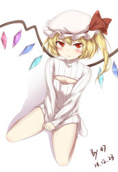 Rule 34 | 00047, 1girl, artist name, bad id, bad pixiv id, blonde hair, cleavage cutout, clothes tug, clothing cutout, corrupted metadata, covering privates, covering crotch, dated, flandre scarlet, flat chest, hat, highres, long hair, meme attire, open-chest sweater, red eyes, ribbed sweater, side ponytail, simple background, sitting, socks, solo, sweater, sweater tug, touhou, turtleneck, wariza, white background, wings