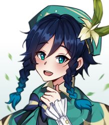Rule 34 | 1boy, androgynous, beret, black hair, blue hair, blush, bow, braid, brooch, cape, collared cape, demcheg, flower, frilled sleeves, frills, genshin impact, gradient hair, green eyes, green hat, hat, hat flower, highres, jewelry, leaf, long sleeves, looking at viewer, male focus, multicolored hair, open mouth, short hair with long locks, simple background, smile, solo, twin braids, venti (genshin impact), white background, white flower