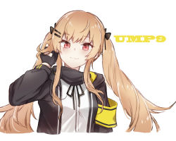 Rule 34 | 1girl, :3, adjusting hair, black gloves, black jacket, blonde hair, closed mouth, fingerless gloves, girls&#039; frontline, gloves, hair between eyes, hair ornament, hair ribbon, hairpin, highres, jacket, long hair, looking at viewer, red eyes, ribbon, rico tta, scar, scar across eye, scar on face, simple background, solo, twintails, ump9 (girls&#039; frontline), white background