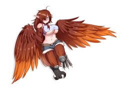 Rule 34 | 1girl, ahoge, bankage, bare shoulders, belt, bird legs, breasts, bright pupils, brown feathers, brown hair, brown wings, commentary, commission, crop top, denim, denim shorts, feathered wings, feathers, gradient wings, green eyes, hair over one eye, harpy, large breasts, long hair, midriff, monster girl, multicolored wings, navel, orange feathers, orange wings, original, pointy ears, shirt, short shorts, shorts, simple background, smile, solo, talons, underboob, very long ears, white background, white shirt, winged arms, wings