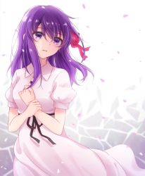 Rule 34 | 1girl, black ribbon, commentary request, cowboy shot, dress, fate/stay night, fate (series), gradient background, grey background, hair between eyes, hair blowing, hair ribbon, hands on own chest, head tilt, heaven&#039;s feel, highres, holding own wrist, light particles, looking at viewer, matou sakura, medium hair, mixed-language commentary, official alternate costume, parted lips, petals, puffy short sleeves, puffy sleeves, purple eyes, purple hair, red ribbon, ribbon, rirako, short sleeves, solo, white background, white dress, wind, wind lift, wing collar