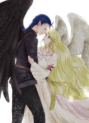 Rule 34 | 1boy, 1girl, aplche, black jacket, black pants, black wings, blonde hair, blue eyes, blue hair, collarbone, couple, dress, earrings, eye contact, feathered wings, fire emblem, fire emblem: radiant dawn, from side, green eyes, jacket, jewelry, leanne (fire emblem), long dress, long hair, long sleeves, looking at another, naesala (fire emblem), nintendo, pants, parted lips, ponytail, print jacket, very long hair, white background, white dress, wide sleeves, wings