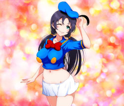 Rule 34 | 1girl, breasts, cosplay, disney, donald duck, donald duck (cosplay), gaku (wheel of lunokhod), gradient background, green eyes, hat, large breasts, long hair, looking at viewer, love live!, love live! school idol project, midriff, one eye closed, purple hair, smile, solo, tojo nozomi, twintails