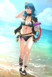 Rule 34 | 1girl, armpits, asukan, beach, belt, bikini, black belt, black bikini, black capelet, black footwear, blue eyes, blue hair, blue sky, breasts, byleth (female) (fire emblem), byleth (female) (summer) (fire emblem), byleth (fire emblem), capelet, cleavage, closed mouth, cloud, collarbone, commentary, commentary request, dagger, day, english commentary, fire emblem, fire emblem: three houses, fire emblem heroes, flower, full body, gluteal fold, hair between eyes, hair flower, hair ornament, hand in own hair, hand up, highres, holding, holding weapon, jewelry, knife, large breasts, long hair, looking to the side, midriff, mixed-language commentary, nail polish, navel, necklace, nintendo, ocean, official alternate costume, outdoors, profile, red nails, ribbon, sand, sandals, shadow, sheath, sheathed, sidelocks, single bare shoulder, sky, smile, solo, standing, swimsuit, thigh gap, weapon, wrist ribbon