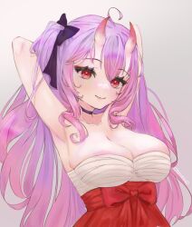 Rule 34 | 1girl, ahoge, artist name, bad tag, breasts, choker, cleavage, ecchigf, fang, female focus, hakama, hands behind own head, happy, horns, indie virtual youtuber, japanese clothes, kamihoshi project, large breasts, looking at viewer, monster girloni, oni female, purple hair, red eyes, red hakama, skin fang, smile, solo, syd (ecchigf), virtual youtuber, yumemar0