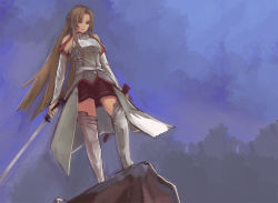 Rule 34 | 10s, 1girl, asuna (sao), bare shoulders, brown eyes, brown hair, detached sleeves, long hair, riftgarret, rock, scabbard, sheath, skirt, solo, sword, sword art online, thighhighs, unsheathed, weapon, white thighhighs