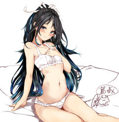 1girl, black hair, blue eyes, blush, bra, character name, closed mouth, collarbone, hair ribbon, kantai collection, katsuragi (kancolle), long hair, navel, panties, ribbon, rizzl, signature, simple background, solo, twitter username, underwear, underwear only, white background, white bra, white panties, white ribbon, wide ponytail