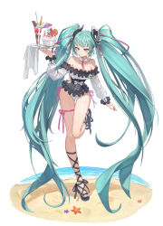 Rule 34 | 1girl, absurdres, ankle lace-up, aqua eyes, aqua hair, aqua nails, beach, black footwear, bow, breasts, cherry, chocolate syrup, cleavage, cocktail umbrella, cross-laced footwear, detached collar, food, frilled one-piece swimsuit, frilled swimsuit, frills, fruit, full body, hair ribbon, hatsune miku, highres, holding, holding tray, ice cream, leg ribbon, lemon, lemon slice, long hair, looking at viewer, nail polish, narrow waist, necktie, oh kyoung hwan, one-piece swimsuit, parfait, platform footwear, ribbon, sandals, shoes, short necktie, spoon, standing, standing on one leg, starfish, summer, sundae, swimsuit, thigh ribbon, thighs, tray, twintails, very long hair, vocaloid, wafer, wafer stick