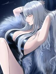 Rule 34 | 1girl, adjusting hair, ak-12 (girls&#039; frontline), alternate costume, arms up, artist name, black dress, breasts, dress, expressionless, feet out of frame, filha, girls&#039; frontline, grey hair, highres, large breasts, lips, long hair, parted lips, signature, solo
