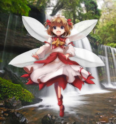 Rule 34 | 1girl, arm ribbon, ascot, blonde hair, blue eyes, clear echoes, dress, fairy wings, fang, forest, juliet sleeves, layered dress, long sleeves, looking at viewer, maid headdress, mary janes, nature, open mouth, puffy sleeves, red dress, ribbon, shoes, smile, solo, sunny milk, touhou, two side up, water, waterfall, white dress, wings