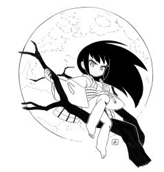 Rule 34 | 1girl, barefoot, black hair, closed mouth, flute, full body, full moon, holding, holding instrument, in tree, instrument, japanese clothes, kimono, long hair, looking at viewer, mawaru (mawaru), monochrome, moon, obi, original, sash, scowl, simple background, sitting, sitting in tree, solo, toes, tree, v-shaped eyebrows, white background, white eyes, white kimono