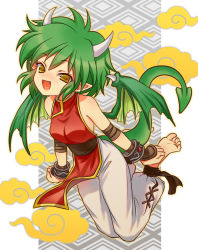 Rule 34 | 1girl, alternate costume, baggy pants, bandages, barefoot, bracelet, bridal gauntlets, china dress, chinese clothes, draco centauros, dragon girl, dress, fang, feet, girotin ginza, green hair, horns, jewelry, madou monogatari, monster girl, open mouth, outside border, pants, pointy ears, puffy pants, puyopuyo, sash, short hair, soles, tail, toes, wings, yellow eyes