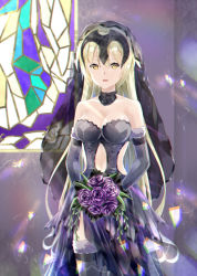 Rule 34 | 1girl, bad id, bad pixiv id, bare shoulders, black wedding dress, blonde hair, blue eyes, bouquet, breasts, bridal veil, bride, cleavage, clothing cutout, dress, elbow gloves, fate/apocrypha, fate (series), flower, gloves, jeanne d&#039;arc (fate), jeanne d&#039;arc alter (avenger) (fate), jeanne d&#039;arc alter (fate), large breasts, long hair, navel cutout, priyaphr, solo, stained glass, thighhighs, veil, wedding, wedding dress