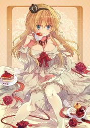 Rule 34 | 1girl, blonde hair, blue eyes, braid, breasts, cake, cleavage, commentary, corset, crown, cup, cupcake, dress, flower, food, french braid, highres, holding, holding cup, kantai collection, large breasts, long hair, long sleeves, looking at viewer, mini crown, nanahamu, off-shoulder dress, off shoulder, red flower, red ribbon, red rose, ribbon, rose, sitting, smile, solo, teacup, thighhighs, warspite (kancolle), white dress, white thighhighs