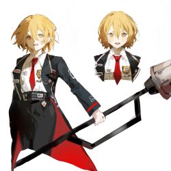 Rule 34 | 1girl, badge, black coat, blonde hair, blush, coat, collared shirt, don quixote (project moon), happy, highres, holding, holding polearm, holding weapon, lance, limbus company, liyln02617464, long sleeves, looking at viewer, multiple views, necktie, open mouth, polearm, project moon, red necktie, shirt, short hair, silver trim, simple background, smile, sticker, weapon, white background, white shirt, wing collar, yellow eyes