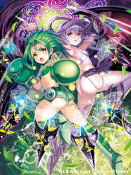 Rule 34 | 10s, 2girls, armor, armored boots, ass, bandages, bandaged arm, bandages, bare shoulders, blush, boots, boxing gloves, bra, breasts, company name, earrings, facial mark, forehead mark, green eyes, green hair, hair ornament, hair ribbon, jewelry, leg up, looking at viewer, looking back, mado*pen, magic circle, midoriko (wixoss), midriff, multiple girls, official art, open mouth, panties, purple eyes, revealing clothes, ribbon, selector wixoss, short hair, short shorts, shorts, small breasts, smile, spiked hair, thighhighs, ulith (wixoss), underwear, white hair, white panties, wixoss