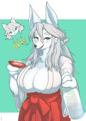 Rule 34 | 1girl, absurdres, alcohol, animal ears, aqua background, artist name, blush, borrowed character, bottle, breasts, character name, cleavage, cup, female focus, fox ears, furry, furry female, glint, green eyes, grey hair, hair between eyes, hakama, hakama skirt, hands up, happy, highres, holding, huge breasts, japanese clothes, japanese text, jewelry, kimono, long hair, long sleeves, looking at viewer, miko, multiple views, nose blush, open mouth, original, red hakama, ring, sakazuki, sake, sharp teeth, signature, simple background, skirt, smile, standing, suigi, teeth, translation request, two-tone background, wedding band, white kimono, wide sleeves