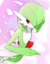 Rule 34 | 1girl, bob cut, collarbone, colored skin, creatures (company), dutch angle, female focus, flat chest, from above, full body, game freak, gardevoir, gen 3 pokemon, green hair, green skin, hair over one eye, hand up, looking to the side, multicolored skin, nintendo, open mouth, pink background, pokemon, pokemon (creature), red eyes, senju (snz0), short hair, solo, standing, two-tone skin, white skin