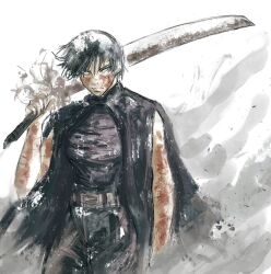 Rule 34 | belt, black pants, burn scar, carrying over shoulder, cloak, facing viewer, fighting stance, green eyes, highres, holding, holding sword, holding weapon, jujutsu kaisen, katana, kyezzzz, looking at viewer, pants, scar, scowl, short hair, sword, turquoise eyes, weapon, white background, zen&#039;in maki