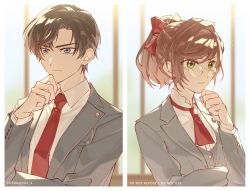 Rule 34 | 1boy, 1girl, artem wing (tears of themis), black jacket, blue eyes, bow, brown hair, closed mouth, formal, glasses, green eyes, hair bow, hand on own chin, highres, jacket, koeda (k83 4), long hair, long sleeves, necktie, polo shirt, ponytail, red necktie, rosa (tears of themis), short hair, tears of themis