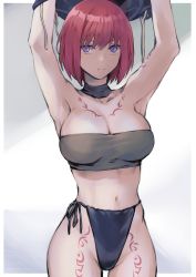 Rule 34 | 1girl, armpits, arms up, breasts, choker, closed mouth, crop top, grel (r6hgvu5), large breasts, looking at viewer, navel, nel zelpher, panties, purple eyes, red hair, short hair, side-tie panties, simple background, solo, star ocean, star ocean till the end of time, tattoo, underwear, undressing, white background