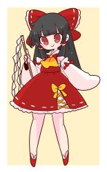 Rule 34 | 1girl, ascot, black hair, bow, detached sleeves, dress, frilled bow, frilled hair tubes, frills, gohei, hair bow, hair tubes, hakurei reimu, highres, nontraditional miko, op na yarou, red bow, red dress, red eyes, red footwear, ribbon-trimmed sleeves, ribbon trim, sarashi, simple background, sleeveless, sleeveless dress, solo, touhou, white background, white legwear, white sleeves, wide sleeves, yellow ascot