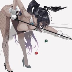 Rule 34 | 1girl, animal ears, armpits, ass, ball, bare shoulders, bent over, billiard ball, black hair, black leotard, blue archive, blue bow, bow, breasts, cleavage, closed mouth, cue stick, curvy, dark-skinned female, dark skin, detached collar, earrings, fake animal ears, fishnet pantyhose, fishnets, gloves, grey background, high heels, high ponytail, highleg, highleg leotard, highres, huge ass, jewelry, karin (blue archive), karin (bunny) (blue archive), large breasts, leotard, long hair, looking at viewer, ltotyht, official alternate costume, pantyhose, playboy bunny, pool table, rabbit ears, rabbit tail, shoulder tattoo, sidelocks, table, tail, tattoo, thong leotard, very long hair, white gloves, wide hips, wrist cuffs, yellow eyes
