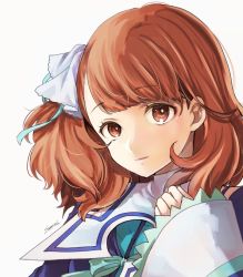 Rule 34 | 1girl, brown eyes, brown hair, closed mouth, dress, hair ornament, hair ribbon, highres, looking at viewer, ribbon, short hair, signature, simple background, smile, solo, submarine (o0azure0o), white background, wild arms, wild arms 4, yulie ahtreide