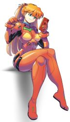 Rule 34 | 1girl, blue eyes, bodysuit, brown hair, candy, curvy, food, full body, gez1313, holding, holding food, holding phone, invisible chair, long hair, neon genesis evangelion, phone, pilot suit, plugsuit, red bodysuit, simple background, sitting, solo, souryuu asuka langley, teeth, tss-mire, very long hair, white background