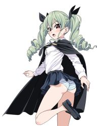 Rule 34 | 10s, 1girl, anchovy (girls und panzer), ass, bare legs, black ribbon, black skirt, blush, brown eyes, cape, commentary request, drill hair, from behind, girls und panzer, green hair, hair ribbon, highres, hiroyuki, loafers, long hair, long sleeves, looking back, no legwear, no socks, open mouth, panties, ribbon, shirt, shoes, skirt, solo, striped clothes, striped panties, sweat, twin drills, twintails, underwear, white shirt