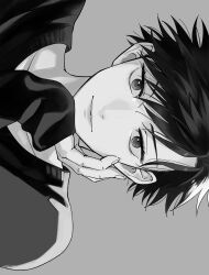 Rule 34 | 1boy, closed mouth, commentary, eyelashes, fushiguro megumi, hair between eyes, hand on own cheek, hand on own face, highres, jujutsu kaisen, light smile, lips, looking at viewer, male focus, monochrome, nose, pipikeke, short hair, sideways, sleeves past wrists, solo, sweater
