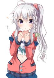 Rule 34 | 1girl, 9-nine-, ahoge, blush, cardigan, casual, chestnut mouth, clenched hands, commentary, cowboy shot, cropped shirt, eyelashes, eyes visible through hair, furrowed brow, green ribbon, grey hair, hair between eyes, hair ornament, hair ribbon, hair scrunchie, hands up, heart, highres, long hair, long sleeves, looking at viewer, navel, niimi sora, open cardigan, open clothes, open mouth, pleading eyes, purple eyes, red cardigan, red scrunchie, ribbon, scrunchie, shirt, side ponytail, sidelocks, simple background, solo, sparkle, sparkling eyes, standing, star (symbol), star print, takepoison, translated, wavy hair, white background, white shirt