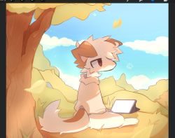 Rule 34 | animal ears, blue sky, bored, brown jacket, brush, cloud, cloudy sky, dog, dog ears, dog tail, forest, furry, furry male, goobyart, highres, jacket, leaf, nature, original, sitting, sky, tablet pc, tail, tree