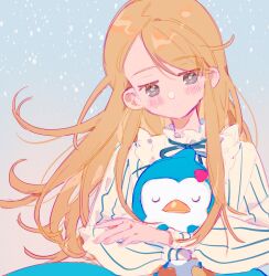 Rule 34 | 1girl, animal, animal hug, aqua ribbon, bird, blonde hair, blue background, blue skirt, blush stickers, brown eyes, chinese commentary, collar, colored eyelashes, commentary request, crossed arms, frilled collar, frills, gradient background, highres, holding, holding animal, long hair, long sleeves, looking down, mawaru penguindrum, neck ribbon, orange background, parted lips, penguin, penguin 3-gou, puffy long sleeves, puffy sleeves, ribbon, shirt, sidelocks, skirt, snowing, solo, striped clothes, striped shirt, takakura himari, upper body, vertical-striped clothes, vertical-striped shirt, vertical-striped sleeves, white collar, white shirt, yeshisi