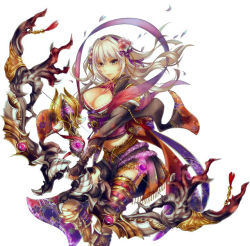 Rule 34 | 1girl, bow (weapon), bracer, breasts, capcom, cleavage, cleavage cutout, clothing cutout, company connection, flower, hair flower, hair ornament, large breasts, long hair, midriff, monster hunter (series), monster hunter frontier, natasha (monster hunter), official art, onimusha soul, platinum blonde hair, ribbon, solo, thighhighs, weapon
