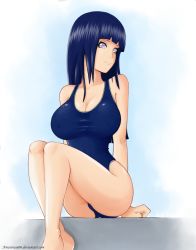 Rule 34 | 1girl, arms behind back, blue hair, breasts, cleavage, crossed ankles, evil-dei, hyuuga hinata, large breasts, legs, legs together, long hair, naruto (series), naruto shippuuden, one-piece swimsuit, purple eyes, school swimsuit, sitting, solo, swimsuit