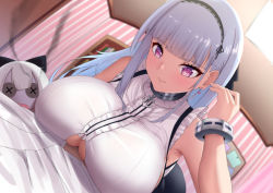 Rule 34 | 1boy, 1girl, armpits, azur lane, bare shoulders, black hairband, blue hair, blunt bangs, blush, bracelet, breasts, button eyes, buttons, ceiling light, commentary request, dearonnus, dido (azur lane), doll, dutch angle, earrings, fisheye, girl on top, gradient hair, hairband, handsfree paizuri, heart, heart-shaped pupils, heart earrings, hetero, implied paizuri, indoors, jewelry, large breasts, long hair, lying, multicolored hair, on stomach, paizuri, paizuri under clothes, parted lips, purple eyes, revision, shirt, silver hair, sleeveless, sleeveless shirt, smile, solo focus, symbol-shaped pupils, upper body, white shirt
