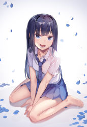 Rule 34 | 1girl, :d, barefoot, black hair, blue eyes, blue necktie, blue skirt, blush, breasts, collared shirt, commentary request, full body, gradient background, grey background, highres, long hair, looking at viewer, necktie, newey, open mouth, original, petals, pleated skirt, school uniform, shirt, short sleeves, sitting, skirt, small breasts, smile, solo, very long hair, wariza, white shirt