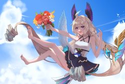 Rule 34 | 1girl, absurdly long hair, absurdres, ahoge, aqua nails, bare legs, barefoot, bird girl, blonde hair, blue bow, blue dress, blue hair, bouquet, bow, breasts, cloud, dress, enna alouette, flower, hair flower, hair ornament, haruniji, head wings, highres, long hair, looking at viewer, low twintails, mechanical wings, multicolored hair, nail polish, nijisanji, nijisanji en, pink flower, purple bow, purple dress, purple eyes, purple wings, red flower, sky, sleeveless, small breasts, smile, solo, twintails, very long hair, virtual youtuber, white flower, wings, yellow flower