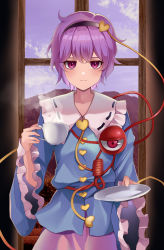 Rule 34 | 1girl, absurdres, black hairband, blue shirt, breasts, closed mouth, cowboy shot, cup, day, eyebrows hidden by hair, frilled shirt collar, frills, hairband, highres, holding, holding cup, holding plate, koizumo, komeiji satori, light blush, light smile, long sleeves, looking at viewer, plate, purple eyes, purple hair, shirt, short hair, sky, small breasts, solo, third eye, touhou, wide sleeves, window