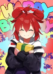 Rule 34 | 1girl, ahoge, birthday, blue archive, box, closed eyes, closed mouth, collared shirt, double bun, gift, gift box, graffiti, hair bun, halo, happy birthday, highres, holding, holding gift, jacket, light blush, long sleeves, maki (blue archive), multicolored background, puffy sleeves, red hair, shirt, short hair, sidelocks, smile, solo, titi titi, upper body
