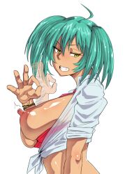 Rule 34 | 1girl, breast press, breasts, breasts out, dark-skinned female, dark skin, fellatio gesture, female focus, green eyes, green hair, grin, haiboku, ikkitousen, large breasts, long hair, looking at viewer, looking to the side, miniskirt, no bra, ok sign, open clothes, open mouth, open shirt, ryofu housen, seductive smile, see-through, see-through shirt, shiny skin, shirt, simple background, skirt, smile, solo, standing, twintails, white background, white shirt, wide hips